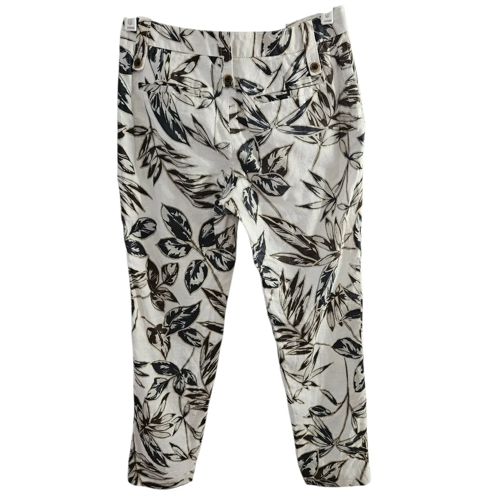 J. Crew Women's Pants Cropped Gold Foil Leaf Garden Pants w/Pockets 100% Linen